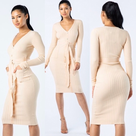 ‼️ Black button waist tie stretch midi body dress - Picture 2 of 2